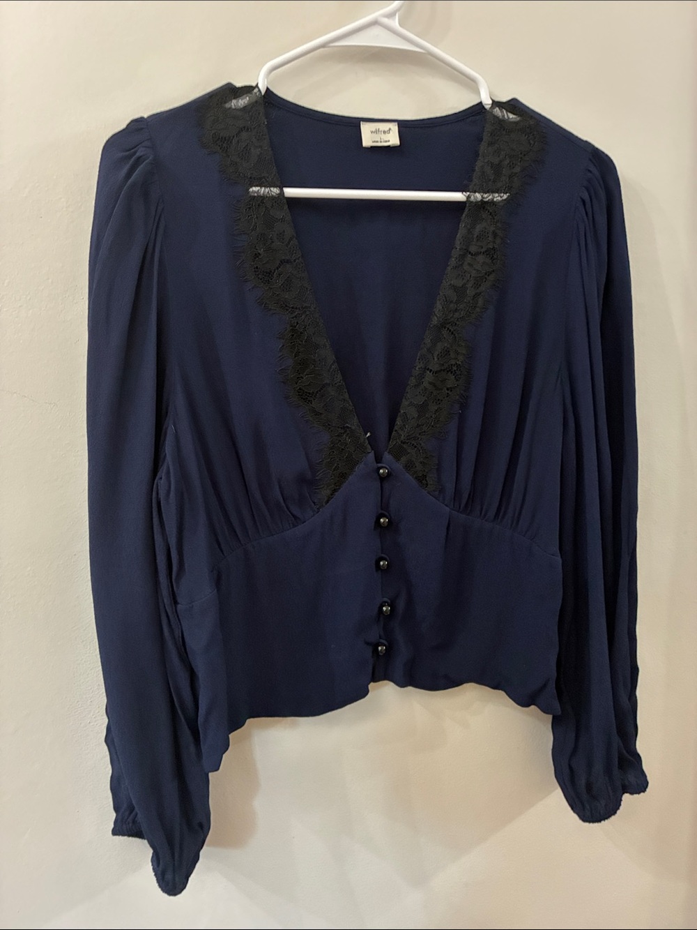 Wilfred - Aritzia - Navy Lace-Trim Button Front Vneck long sleeve crop Blouse